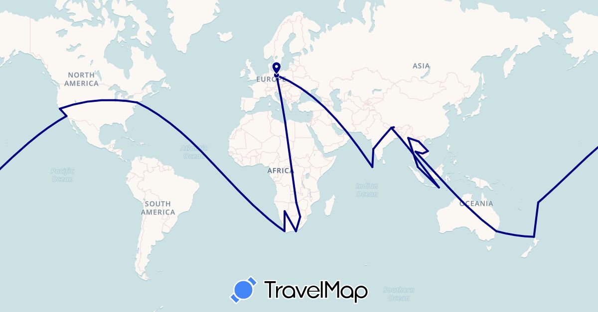 TravelMap itinerary: driving in Australia, Germany, Fiji, Indonesia, India, Cambodia, Laos, Myanmar (Burma), Maldives, Malaysia, Namibia, Nepal, New Zealand, Thailand, United States, Vietnam, South Africa, Zimbabwe (Africa, Asia, Europe, North America, Oceania)